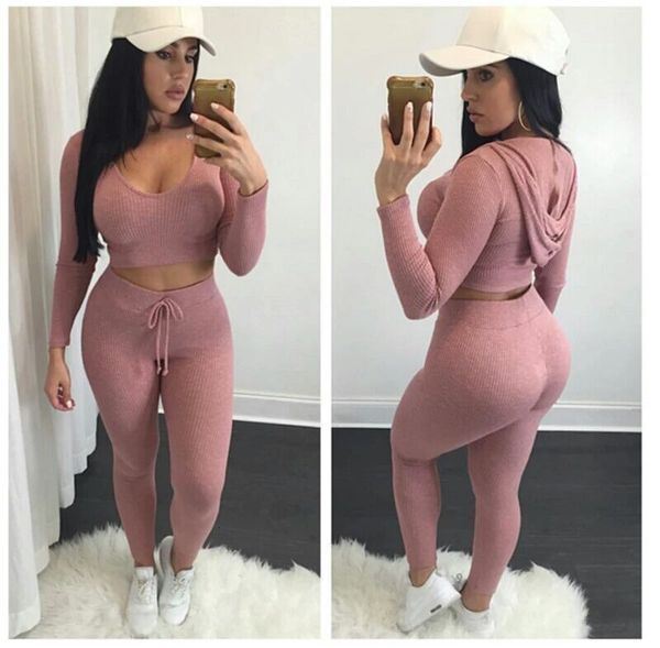 

eur fashion crop with leggings pants 2 pcs\\set solid knitted high hip clothing tracksuits, Gray