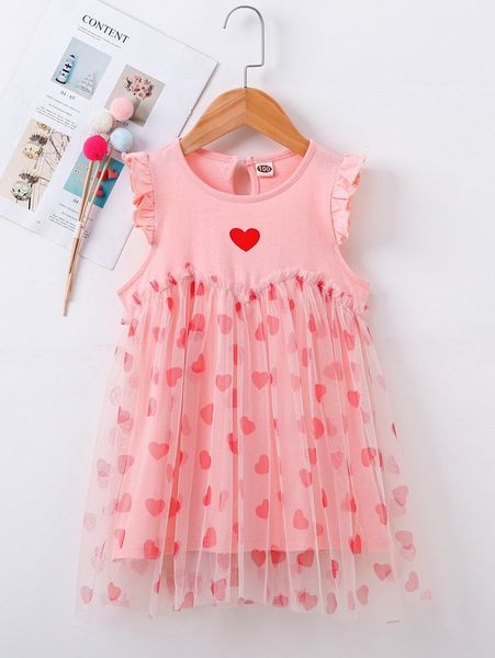 

toddler girls frill trim heart print mesh overlay dress she, Red;yellow