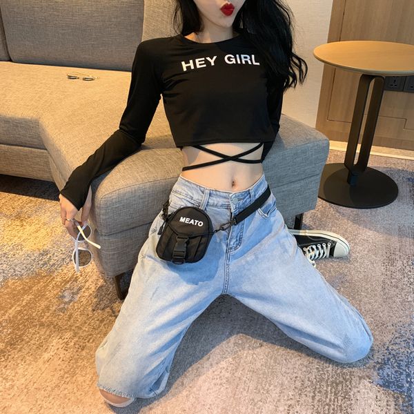 

letter printed bandage navel revealing short fashion long sleeve elastic tight t-shirt for women 2020 summer