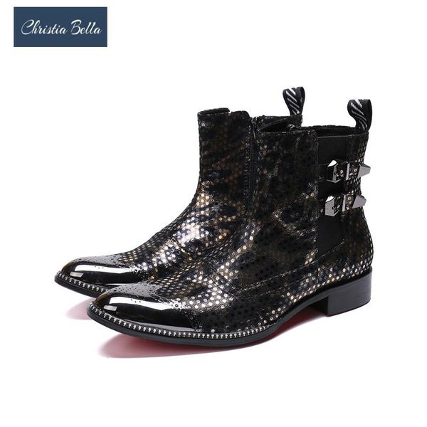 

christia bella fashion men british style genuine leather boots pointed toe increase height sequin boots carved side buckle, Black