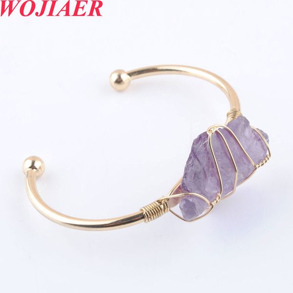 

wojiaer 2021 gold-color wire wrap irregular natural stone cuff copper fashion bangle korea bracelets for women girl party dbo934, Golden;silver