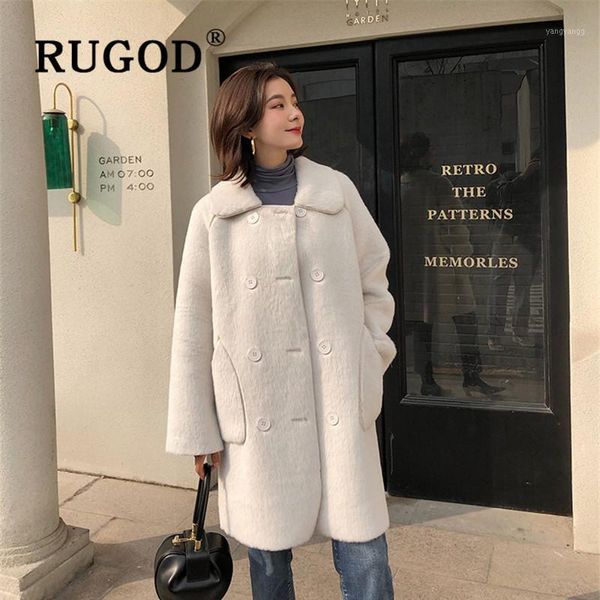 

rugod 2019 new winter coat female imitation fur women's long coat turn down collar double button soft thick warm coats fashion1, Black