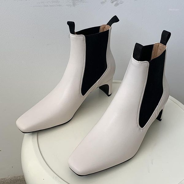 

2020 new winter trending women block high heels brown pointed toe ankle boots autumn white leather boots ladies valentine shoes1, Black