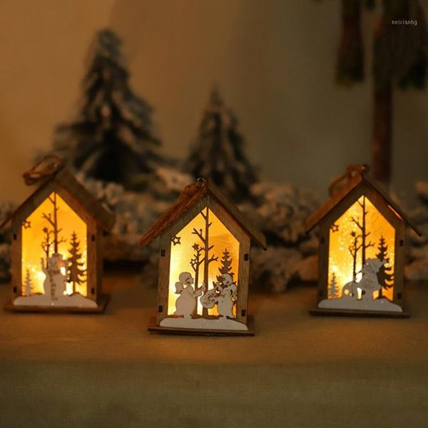 

christmas decorations led light up ornament small wooden house luminous xmas tree hanging pendant holiday decor1