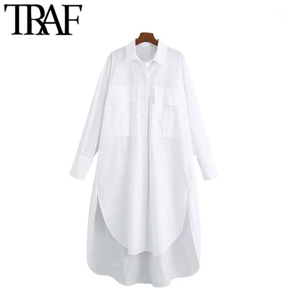 

traf women fashion with pockets oversized irregular blouses vintage long sleeve side vents female shirts chic 1, White
