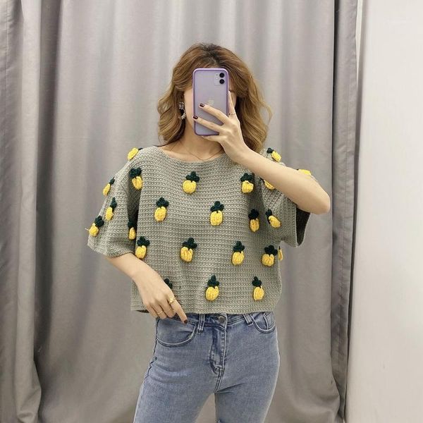 

2020 spring sweater women short sweater short sleeve o neck crop loose crochet pullover kawaii pineapple sweet1, White;black