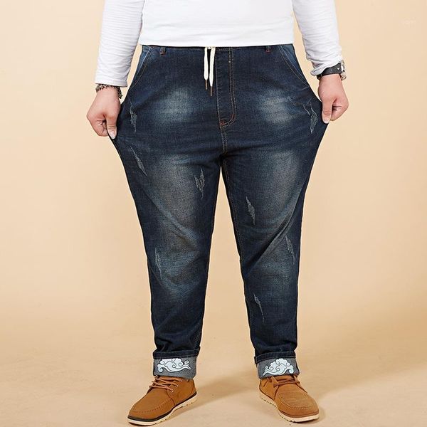 

plus size 6xl 7xl 8xl men cargo jeans men's elastic waist hip hop harem pants mens solid stretch fabrics chubby man trousers 0971, Blue