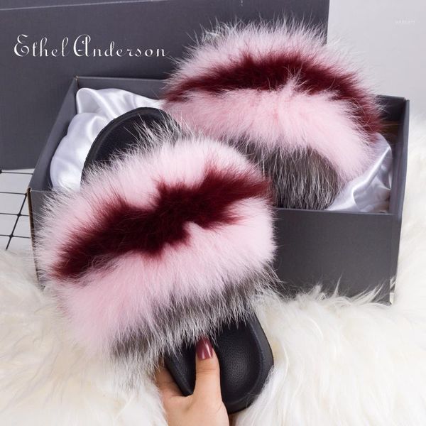 

luxury real mixed color fur slippers 2020 new color women fluffy plush sandals slide casual indoor outdoor furry flip flop1, Black