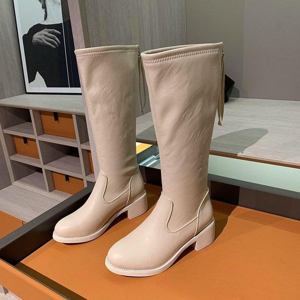 

boots women designer shoes winter white square heel pu leather zipper knee high dropshiping, Black