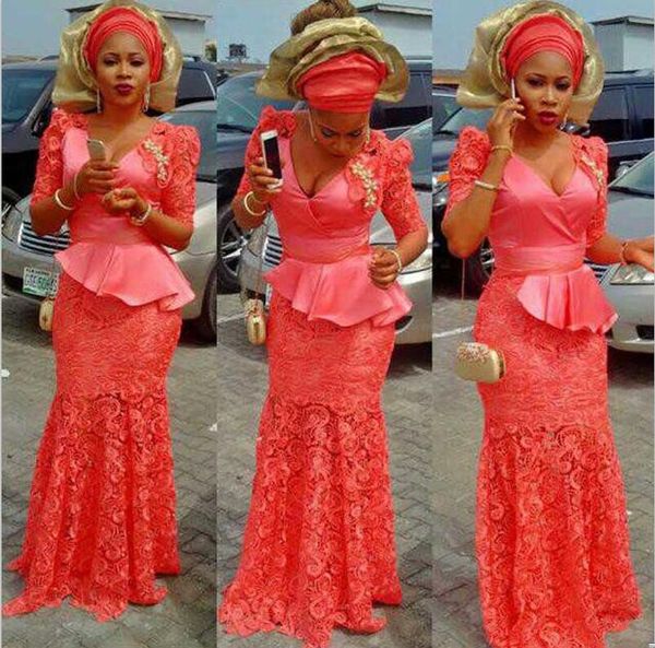

2021 watermelon red lace evening dress mermaid nigeria style fashion peplum formal party gowns african prom dresses plus size, Black;red