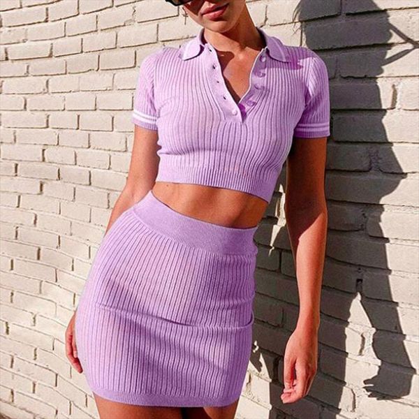 

womens knitted short sleeve 2 pieces set cropped and skirts female two piece sest 2020 summer fashion casual suit ladies, Gray