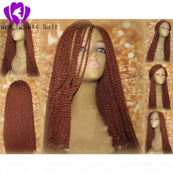 

250density perruque senegalese twist lace wig brazilian synthetic braided wigs with baby hair brown color lace front wig for women, Black;brown