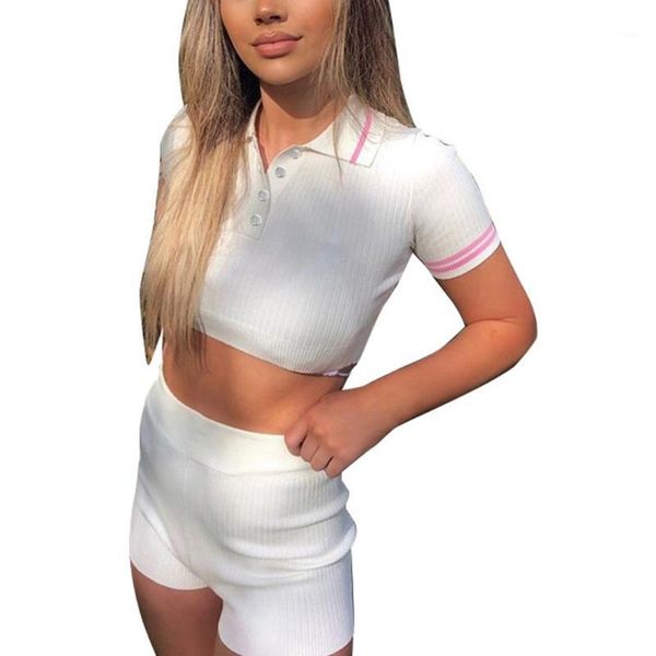 

2pcs women sport outfits, short sleeve lapel striped crop solid color shorts casual style clothes set1, Gray