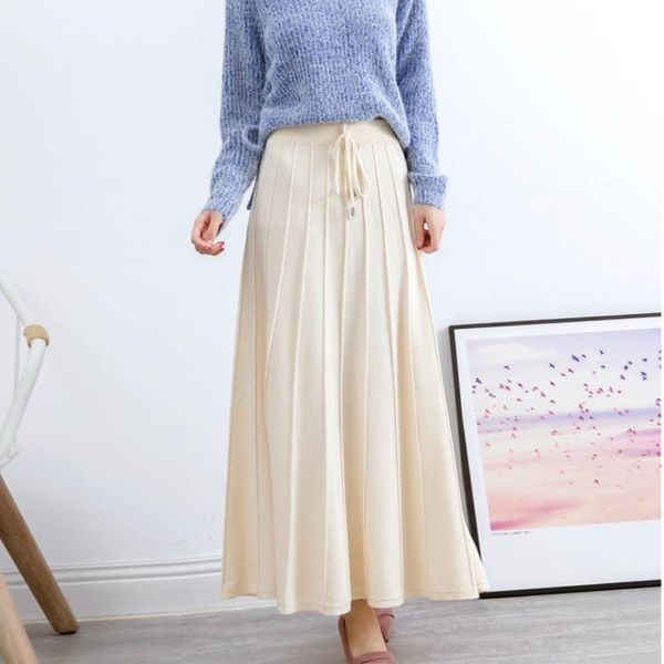 

skirts autumn winter thick drape a-line maxi long pleated knitted draw string soft swing ankle knit coffee gray, Black