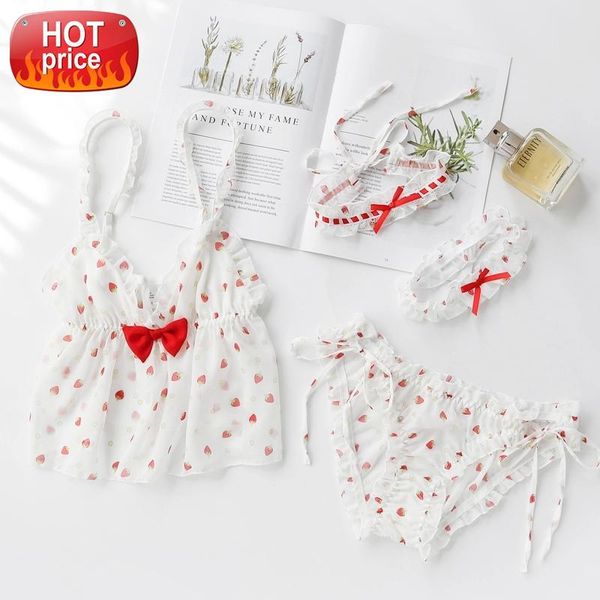 

strawberry print sling bow knot shorts collar leg ring lingerie set camisole kawaii uniform erotic cosplay costume #pd3r, Black;white