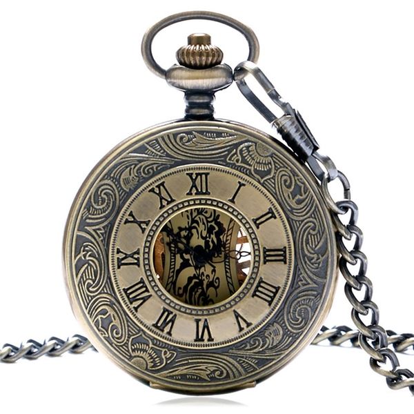 

steampunk bronze copper mechanical pocket watch skeleton chain roman numbers vintage pendant watches with 30cm chain gifts p839c t200502, Slivery;golden