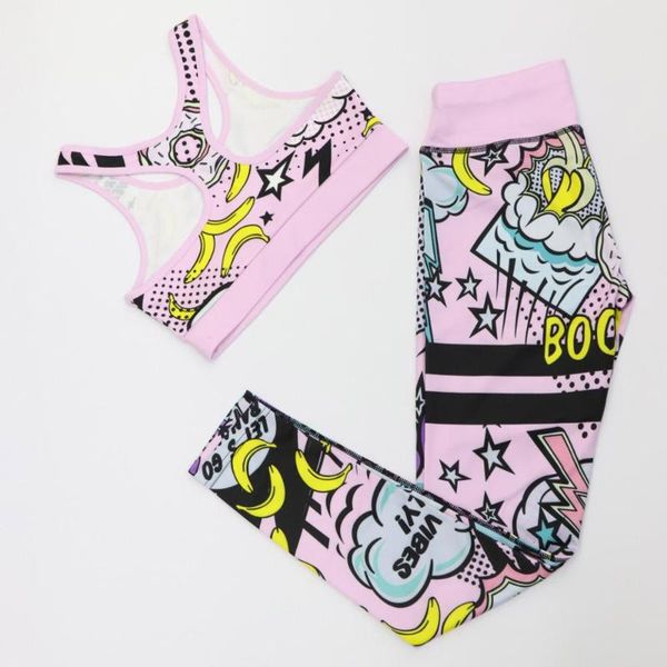 

women running yoga suits print banana activewear set high waist fitness leggings stretch sports set gym workout outfits, White;red