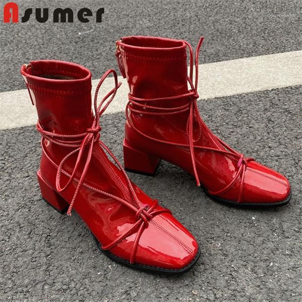 

boots asumer 2021 stretch patent leather thick heel casual party shoes women ankle fashion brand woman1, Black