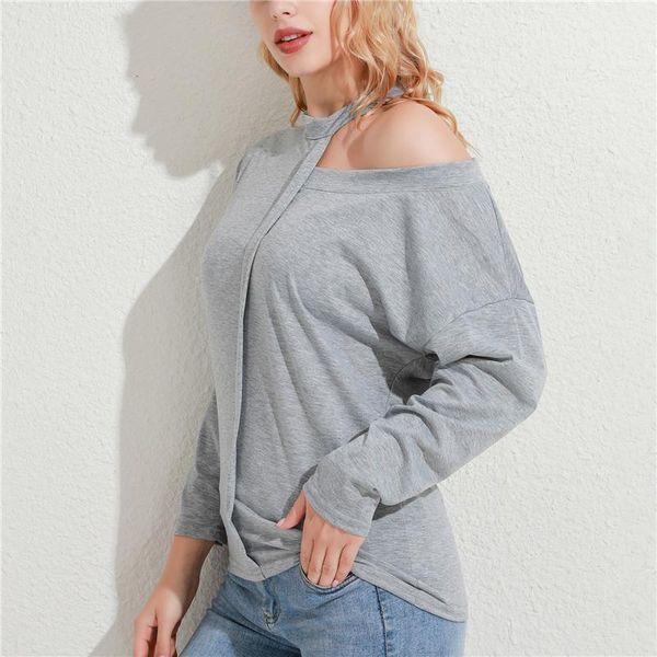 

women solid color t-shirt fashion spring blouse casual long sleeve off shoulder o-neck loose sweatshirt fashion summer top, White