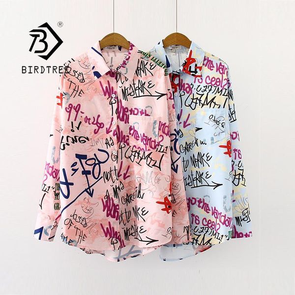 

new arrival graffiti letter print turn-down collar ovesize long blouse button up casual loose chic shirt feminina blusa t99017f1, White