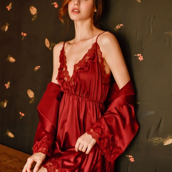 

yeng lace openwork ice silk lace underwear female sleeveless sling v-neck halter robe and nightdress set y200425, Black;red