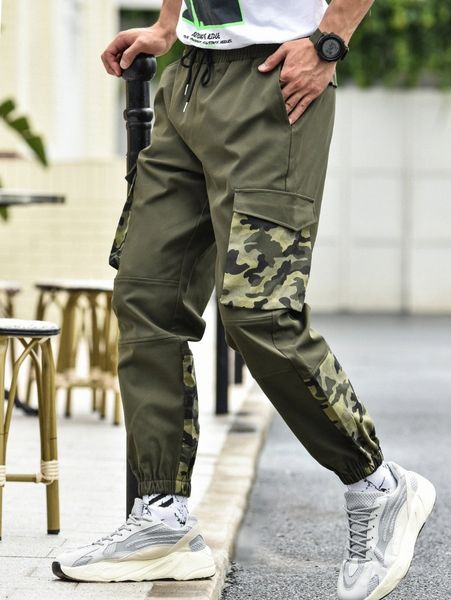 

men camo print utility pocket drawstring waist joggers 01iv#, Black