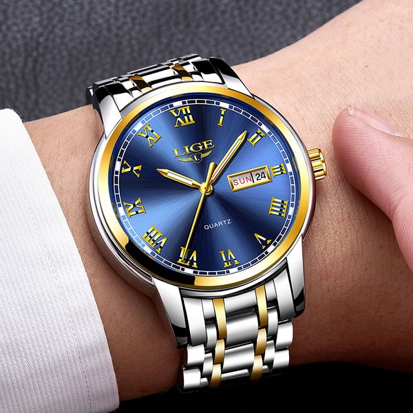 

watches mens 2019 fashion quartz gold clock lige brand luxury all steel men wristwatch waterproof date week dial watch+box