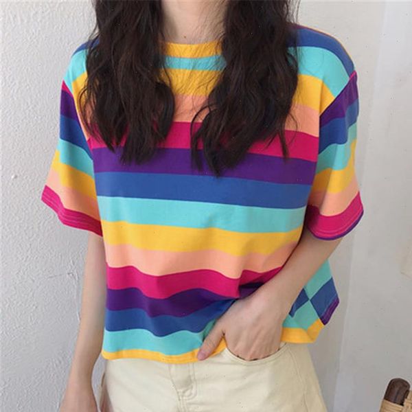 

2021 new womens early spring net red ins elegant style rainbow striped short sleeved fashion t shirt woman harajuku t shirt, White