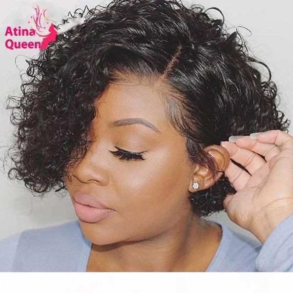 

pixie cut bob lace front wigs 4x4 curly human hair wig remy brazilian short lace closure wig pre plucked baby hair for women, Black;brown