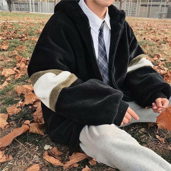 

winter cotton overcoat male korean-style fashion stream handsome brushed and thick loose bf students casual, Black