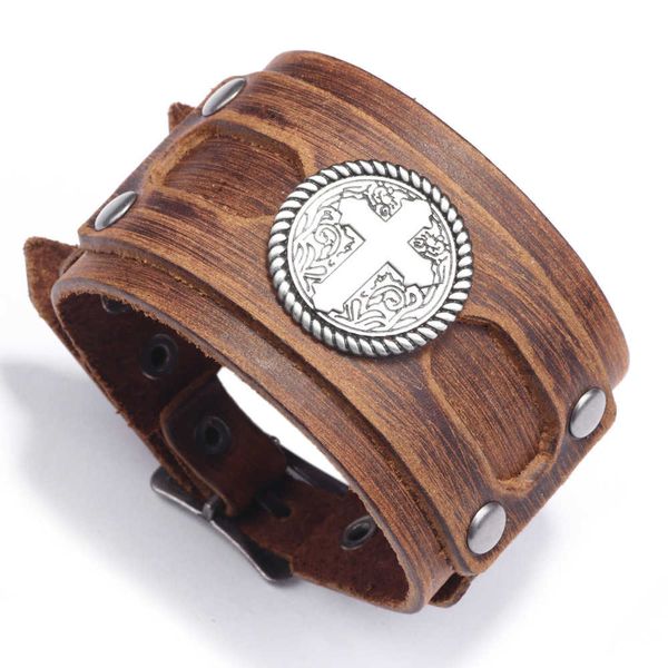 

popular punk cross wide leather men's bracelet, Silver