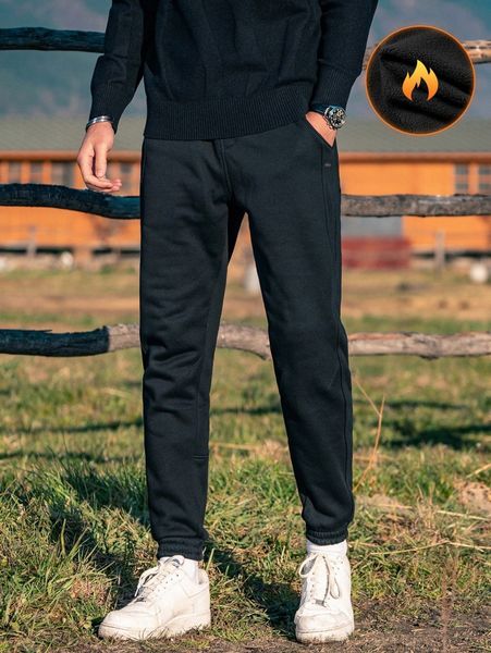 

men slant pockets thermal sweatpants r38v#, Black