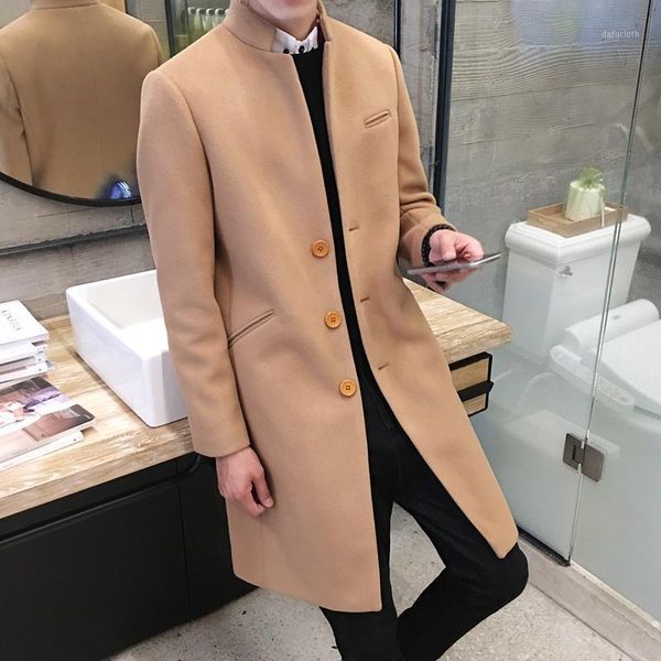 

new nice men boutique fashion pure color leisure in the stand collar long single-breasted woolen cloth dust coat / mens jacket1, Black