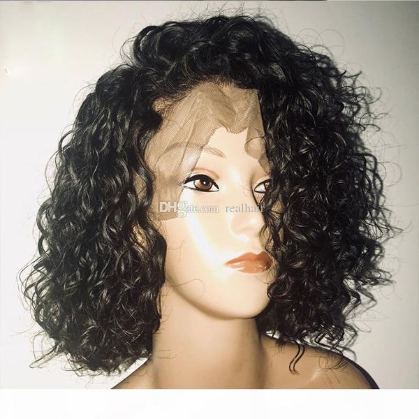 

13x6 deep part pre plucked human hair curly wigs with baby hair short bob brazilian virgin lace front wigs for black women 9a, Black;brown