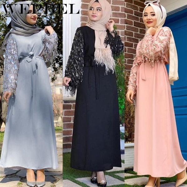 

ethnic clothing wepbel muslim fashion tassel long-sleeved dress women's o-neck stitching fresh sweet lace-up high waist, Red