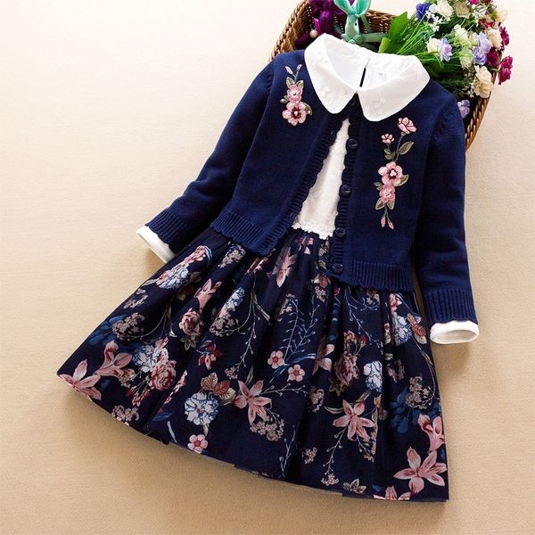 

kids girls clothing set autumn winter new baby girl embroidered cotton sweater coat+dress 2pcs little girl princess clothes y200325, White