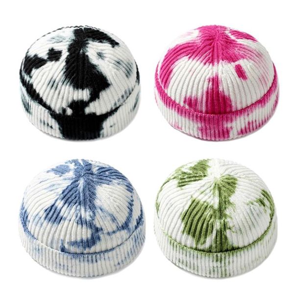 

beanies tie-dye beanie hat knitted cuffed winter warm short casual cap for men women