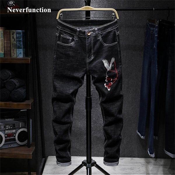 

men hip hop chinese wind lion head embroidery biker straight jeans fashion japanese slim man cotton motorcycle denim trousers 201111, Blue