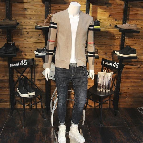 

men's sweater 2020 autumn men's plaid sleeve stitching cardigan slim casual youth fashion coat cardigan, White;black