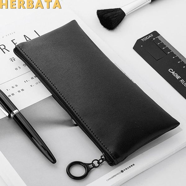 

simple black and white leather school supplies large capacity pencil case portable pencil case zipper bag office0