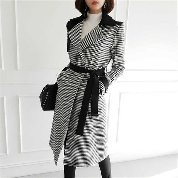 

2020 winter new korean style temperament vintage double breasted long sleeve stitching houndstooth coat women's clothing, Black