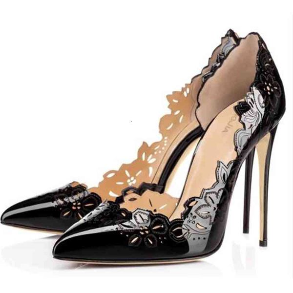 

women shoes high heels pointed toe flower cutouts pumps sweet elegant woman bride wedding handmade, Black