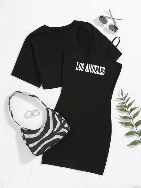 

high low tee & letter graphic cami dress g0cl#, White