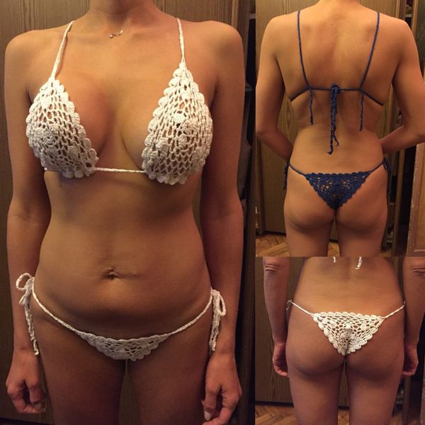 

hand crochet bikini suit mini sunbathe swimsuit bandage bathing suits padxbfs