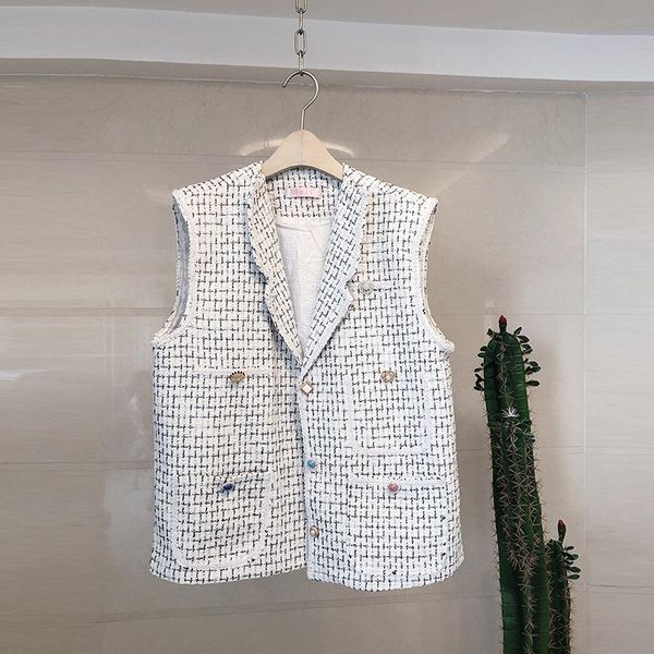 

spring autumn winter tweed vest women runway designers luxury vintage wool double breasted sleeveless coat outwear, Black;white
