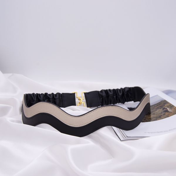 

wave front and back sheepskin waist cover leather female color matching wide belt elastic elastic coat belt gold, Black;brown