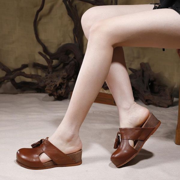 

vallu spring and summer 2020 new style wedge heel fringed slippers female leather hand-painted thick-soled sandals, Black