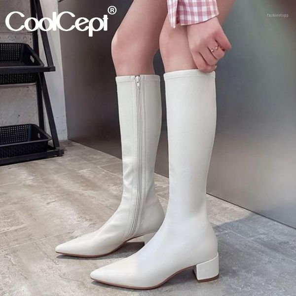 

boots coolcept women pointed toe thick heel zipper solid color winter cool stretch fabric footwear size 33-401, Black