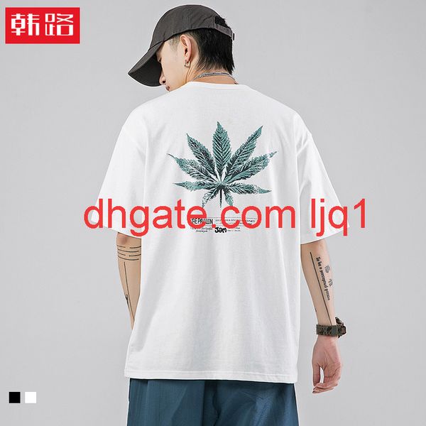 

hanlu men's 2021 spring and summer new cotton t-shirt men's trend maple leaf print loose short sleeve, White;black