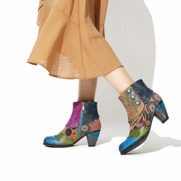 

2020 autumn women's ankle boots printing side zipper high heel platform boots leather lady outdoor all-match casual shoes, Black